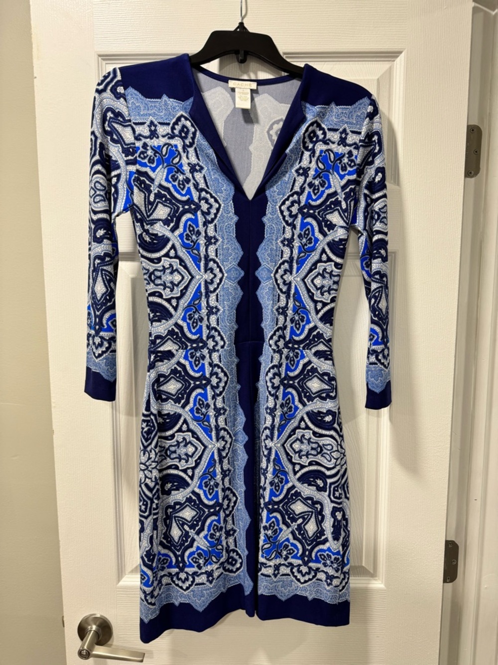 Cachet Blue Paisley V-Neck Knit Dress